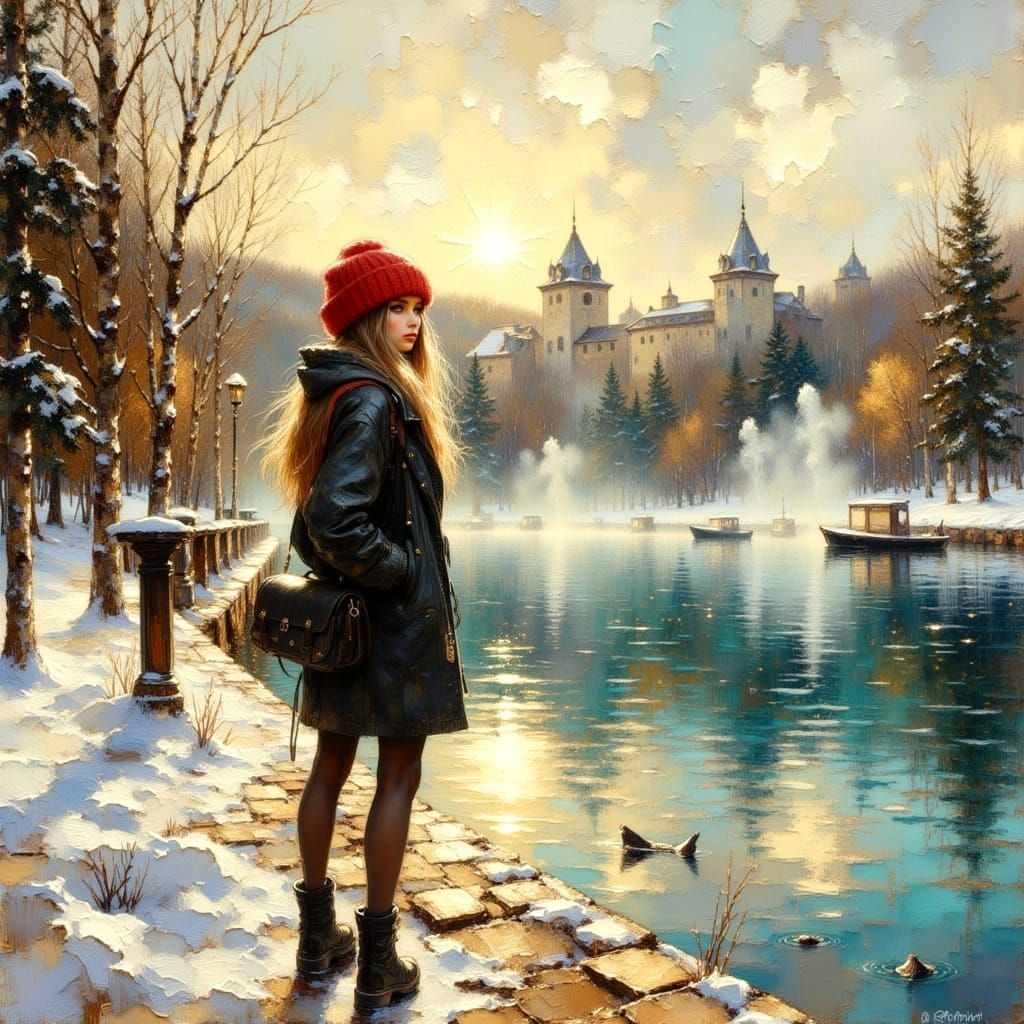 Ethereal Winter Cityscape with Model in Impressionistic Styl...