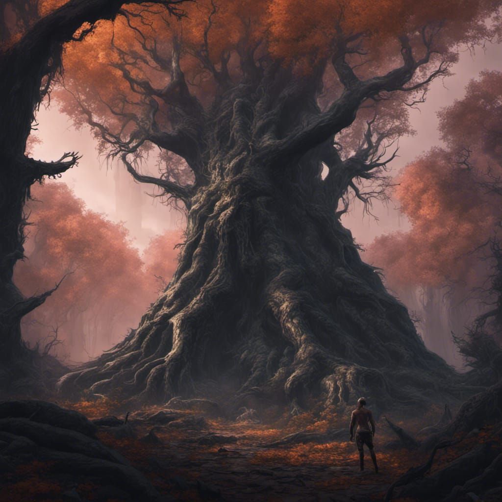 Dark Fantasy Forest with Humanoid Creature