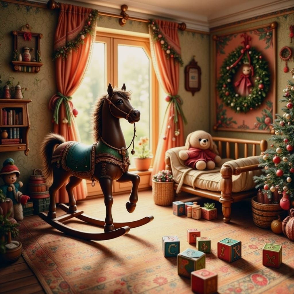 Whimsical Christmas Nursery Scene with Rocking Horse and Ted...