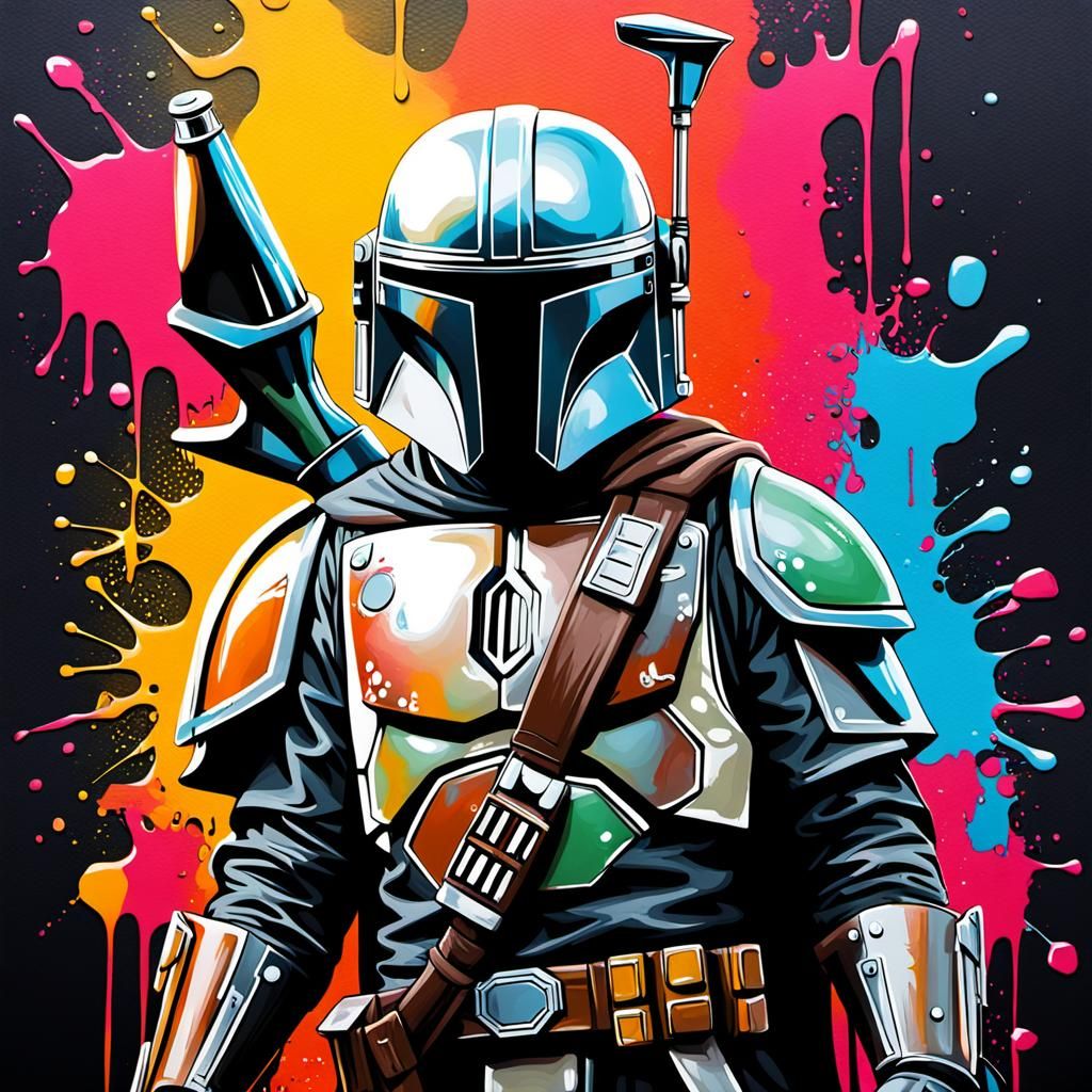 Grogu and Mandalorian in Graffiti Street Art