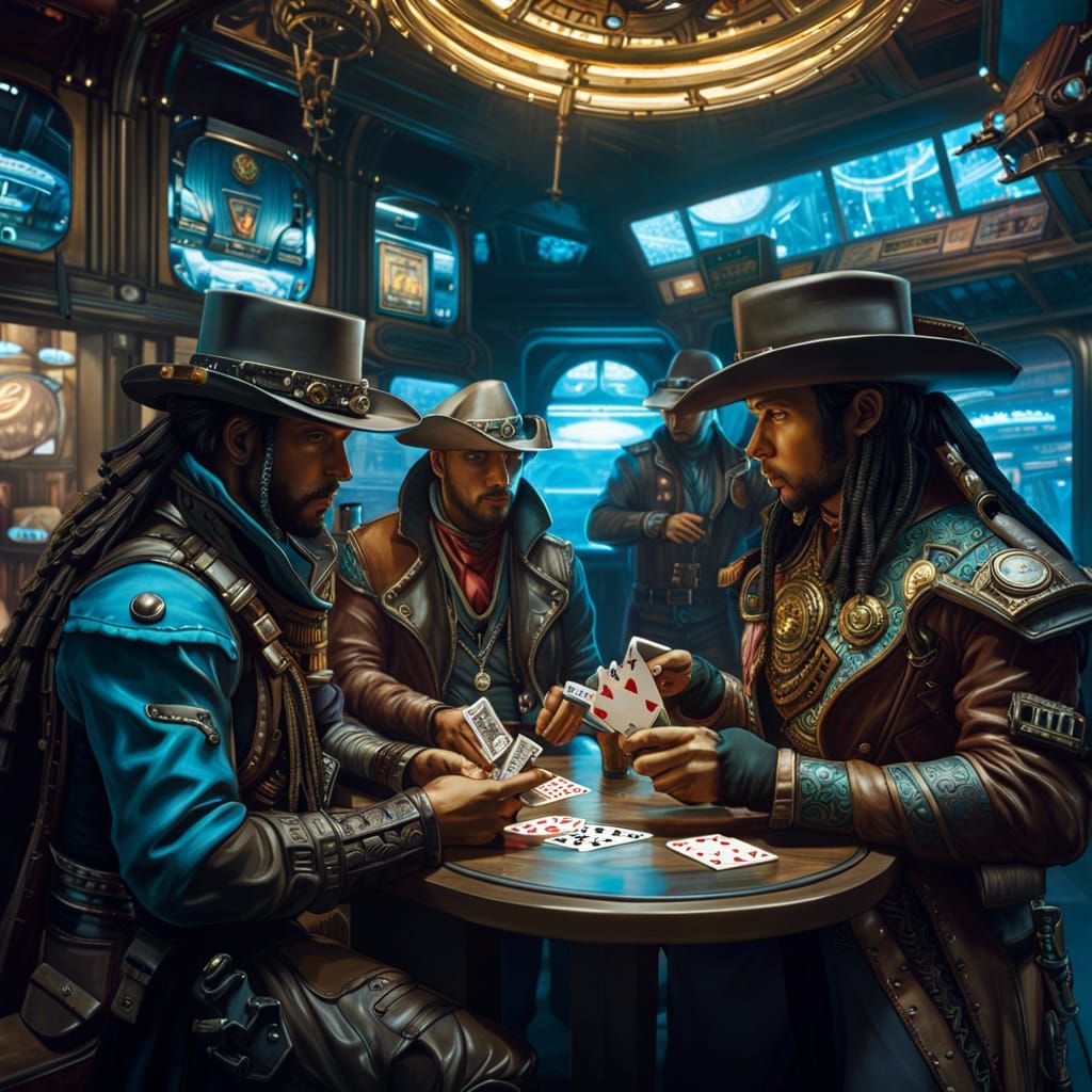 Cyberpunk Cowboys Playing Cards in Space Station