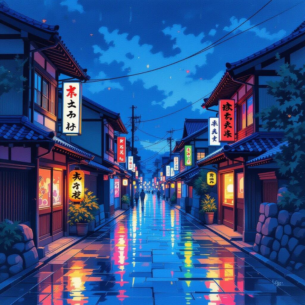 Vibrant Dusk Streets with Japanese Architecture