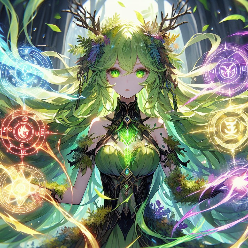 Anime Dryad Elementalist Unleashing Elemental Powers