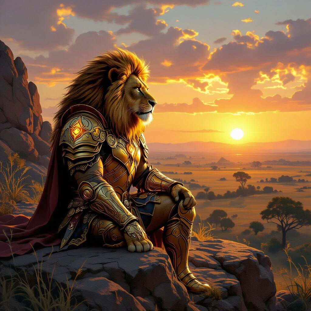 Lion King in Golden Armor at Sunset