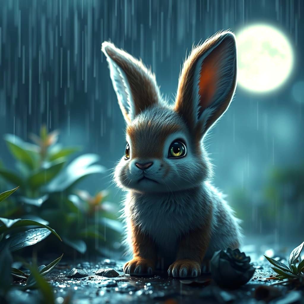 Bunny Under Rainy Night Sky in Fantasycore Style