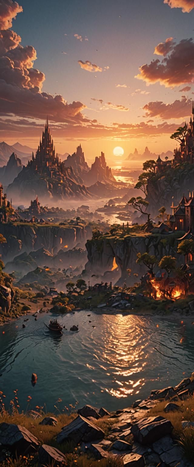 Fantastical Sunset: Detailed Matte Painting in Deep Color