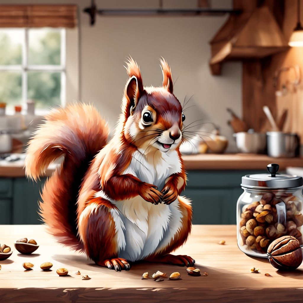 Whimsical Red Squirrel in Cozy Kitchen Scene