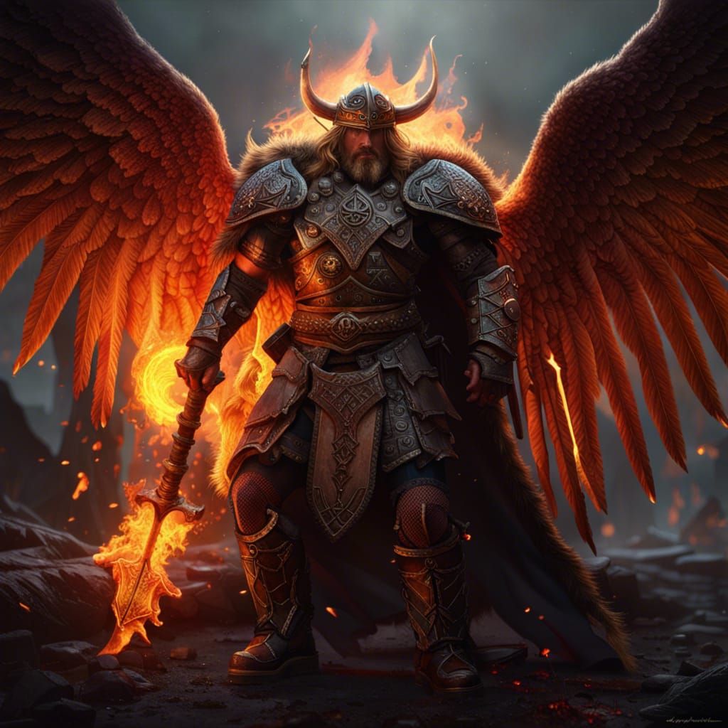 Viking Warrior with Flaming Axe and Wings