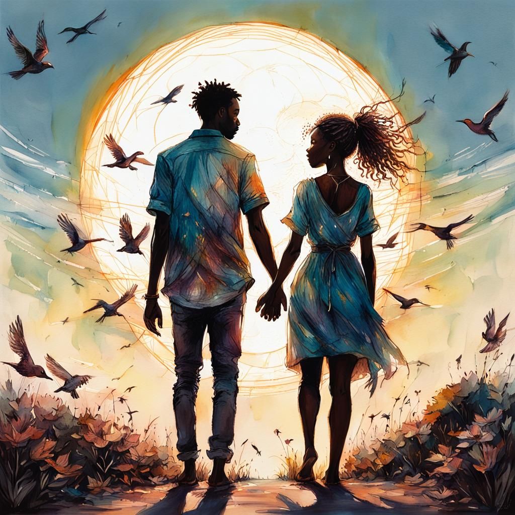 Whimsical Fantasy: Dark Skinned Couple Holding Hands