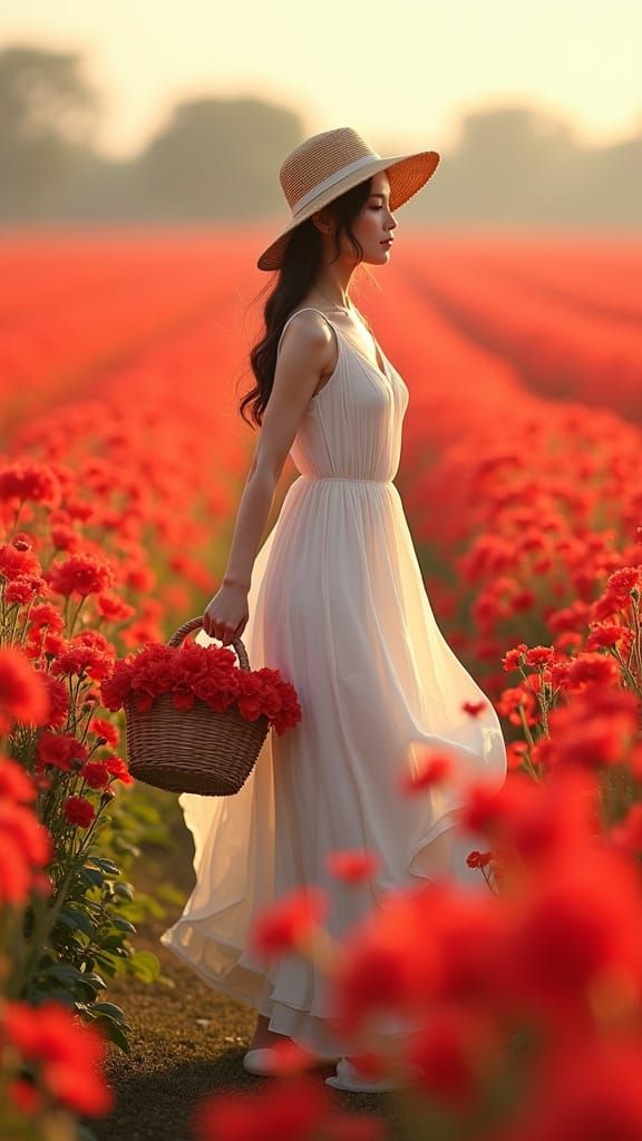 Woman in Red Flowers with Straw Hat, Cinematic Style