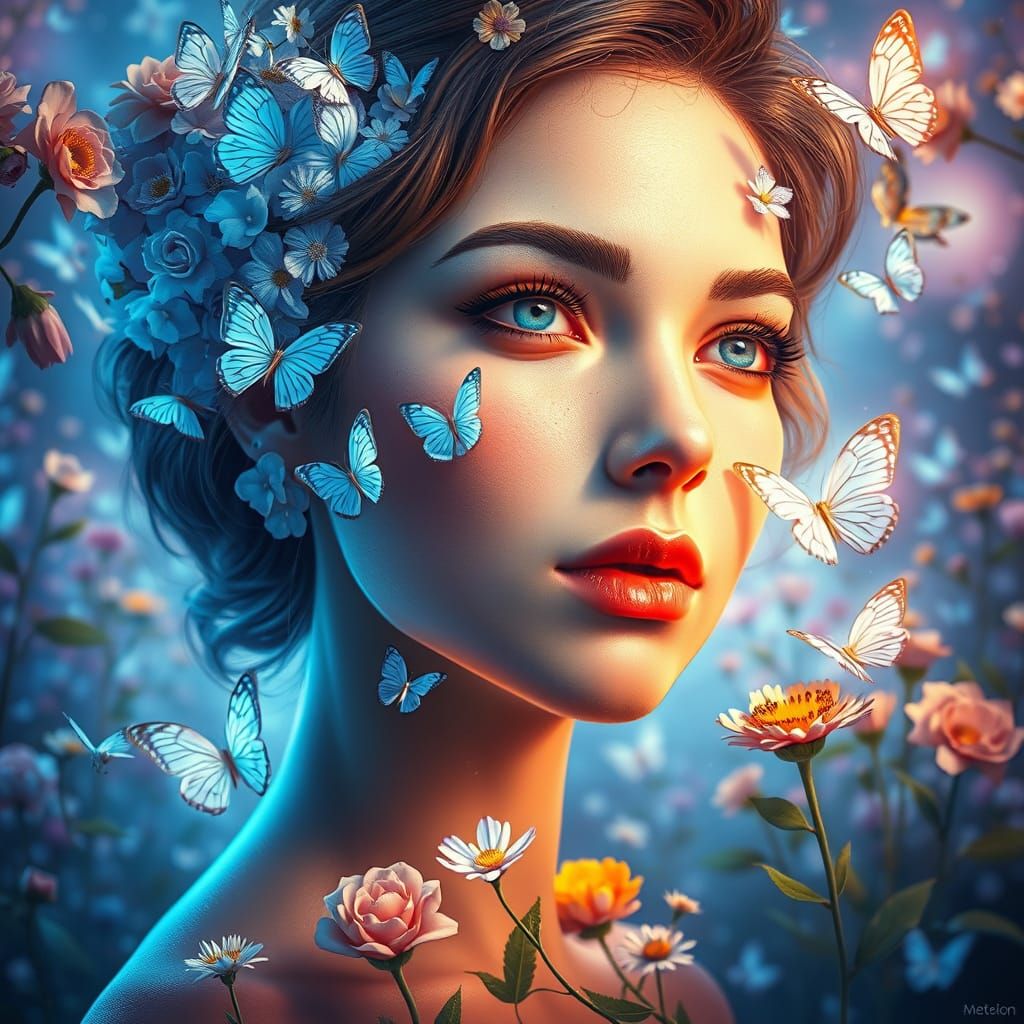 Dreamlike Portrait with Flowers and Butterflies