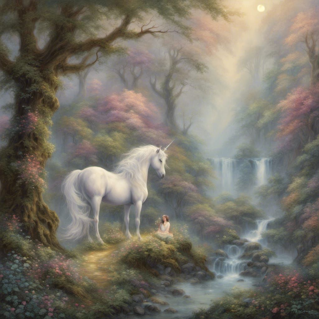 Ethereal Unicorn in a Misty, Hidden Forest