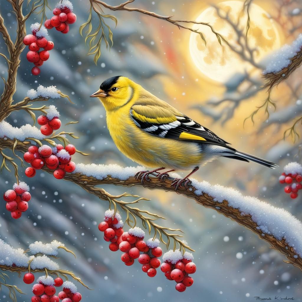 Goldfinch on Snowy Branch with Berries, Kinkade Style