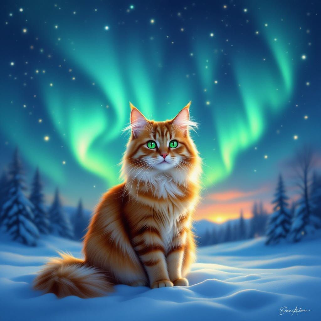 Moonlit Ginger Cat Under Aurora Borealis in Magical Realism ...