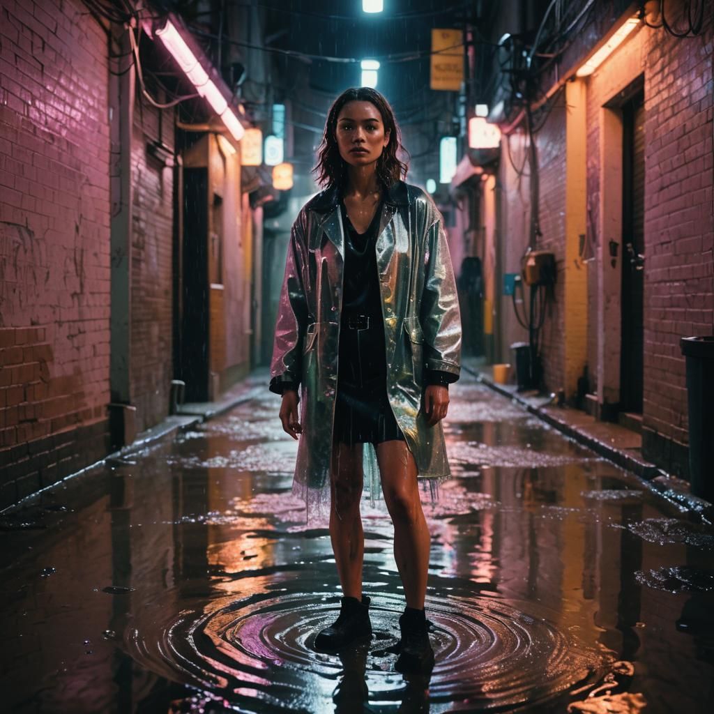Water Woman in Neon Alley: Cinematic Film Still