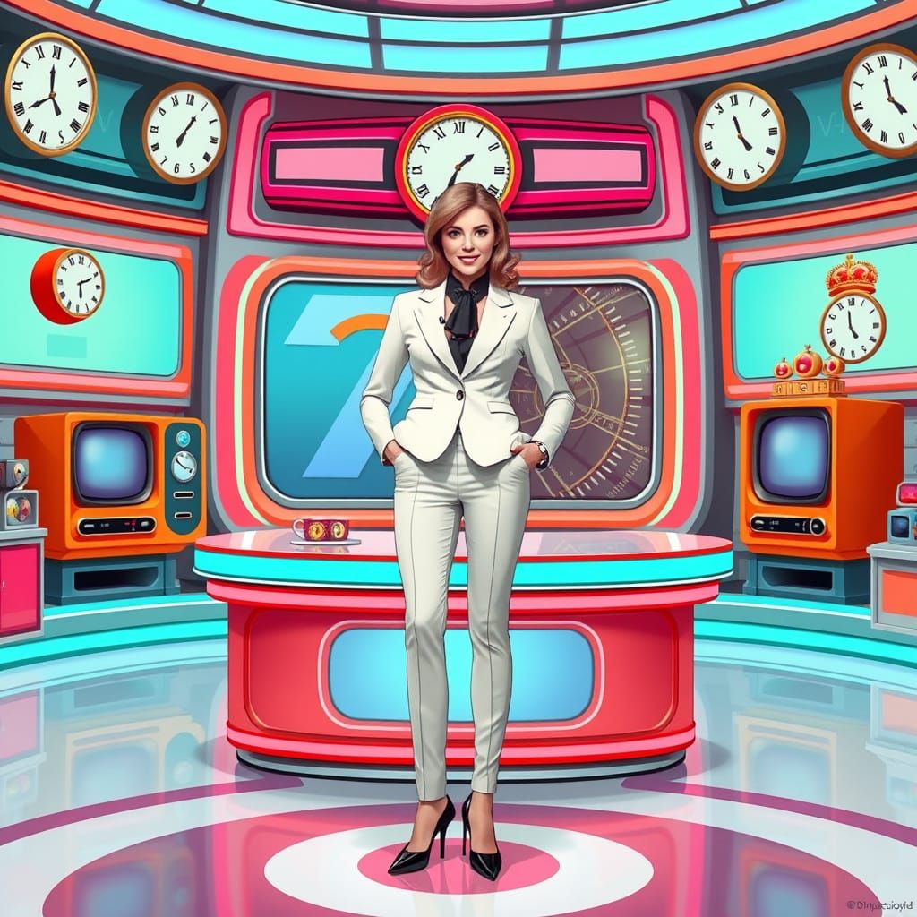 French Game Show Host in Retro-Futuristic Studio