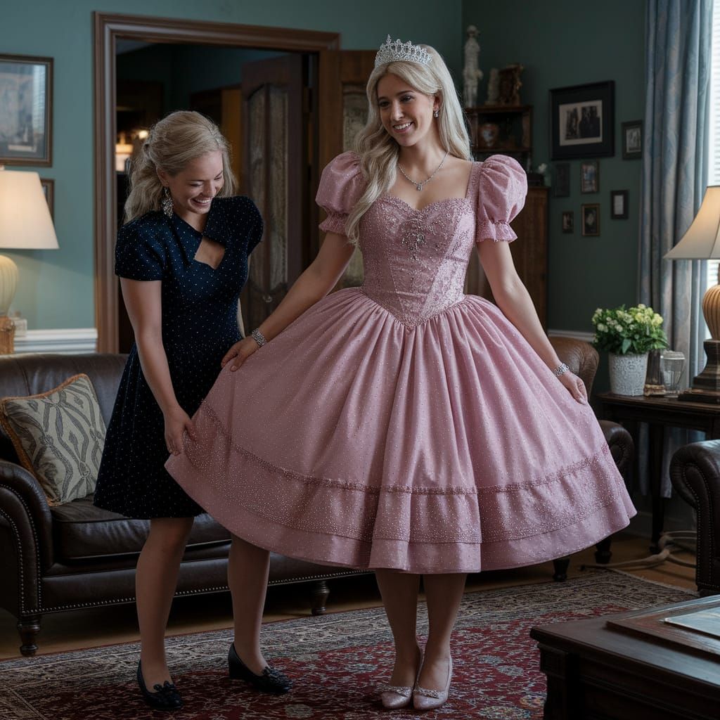 Young Woman Adjusts Crossdresser's Quinceanera Dress