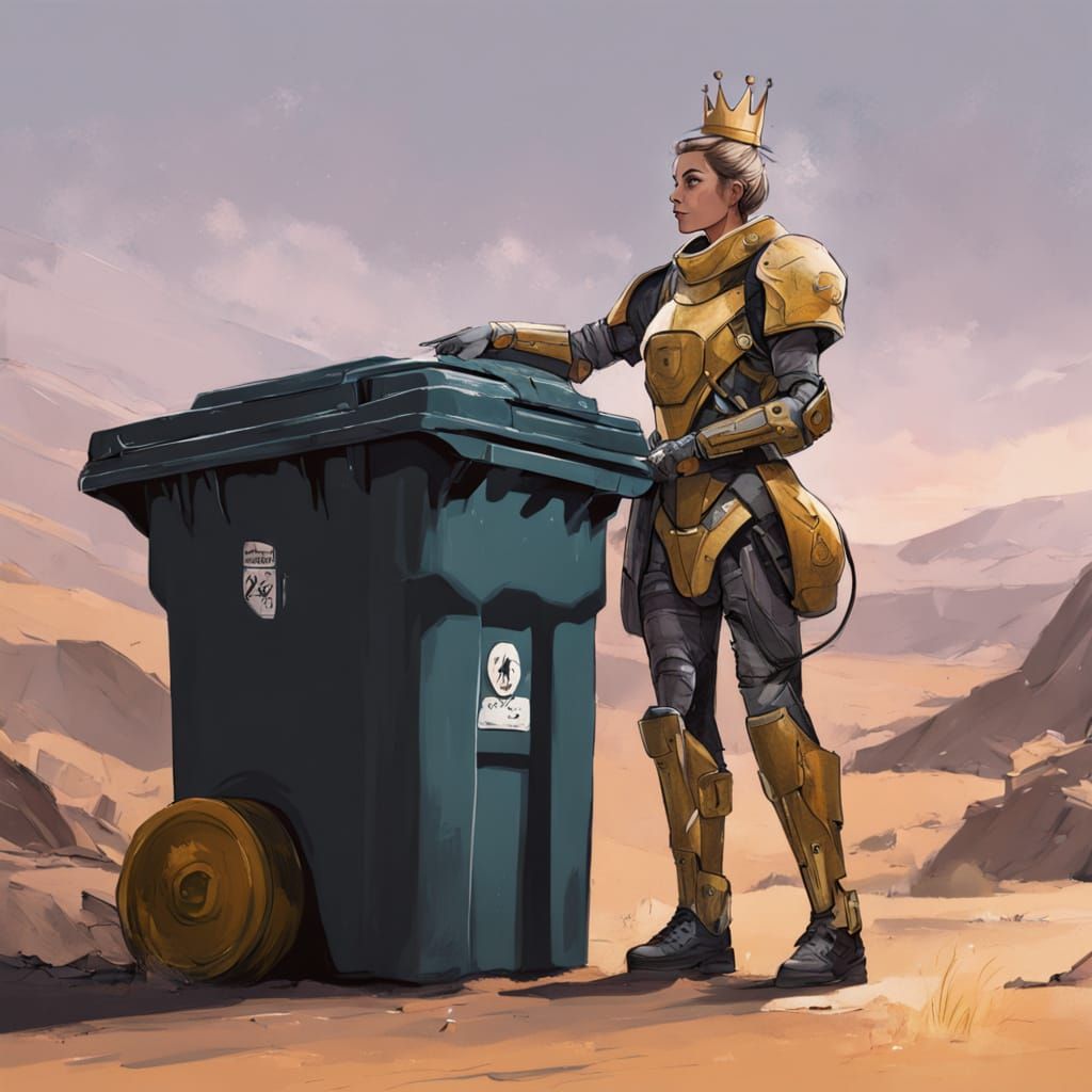 Queen Hugs Futuristic Rubbish Bin in Concept Art Style