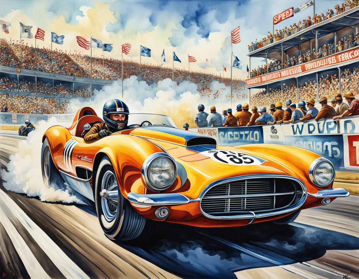 Antique Speed Drag Racing Driver's View in Watercolor