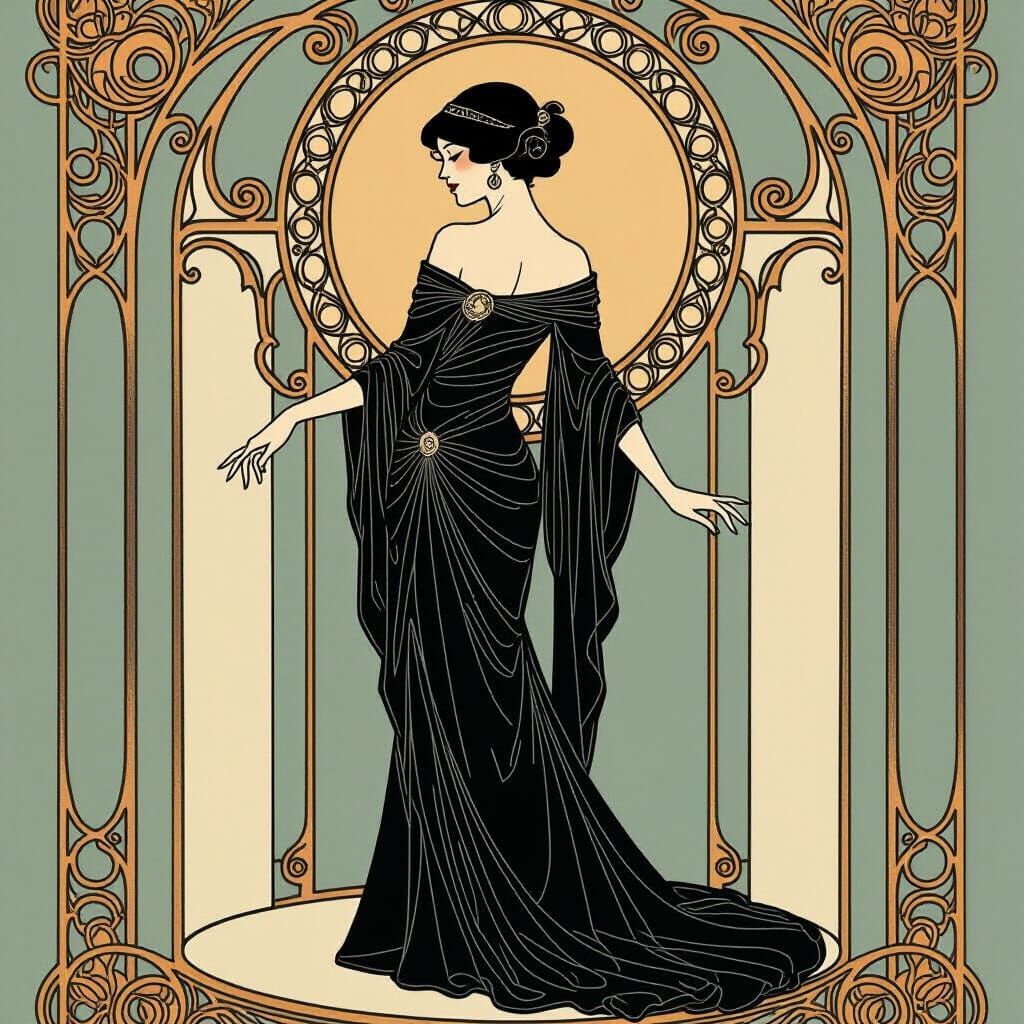 Elegant Woman in Monochromatic Art Nouveau Style