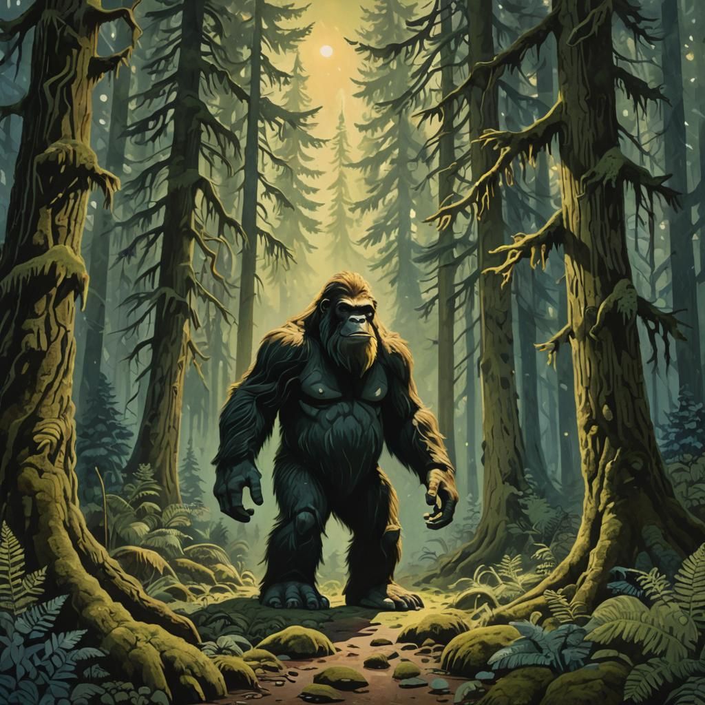 Bigfoot in Mystical Forest: Gouache Style