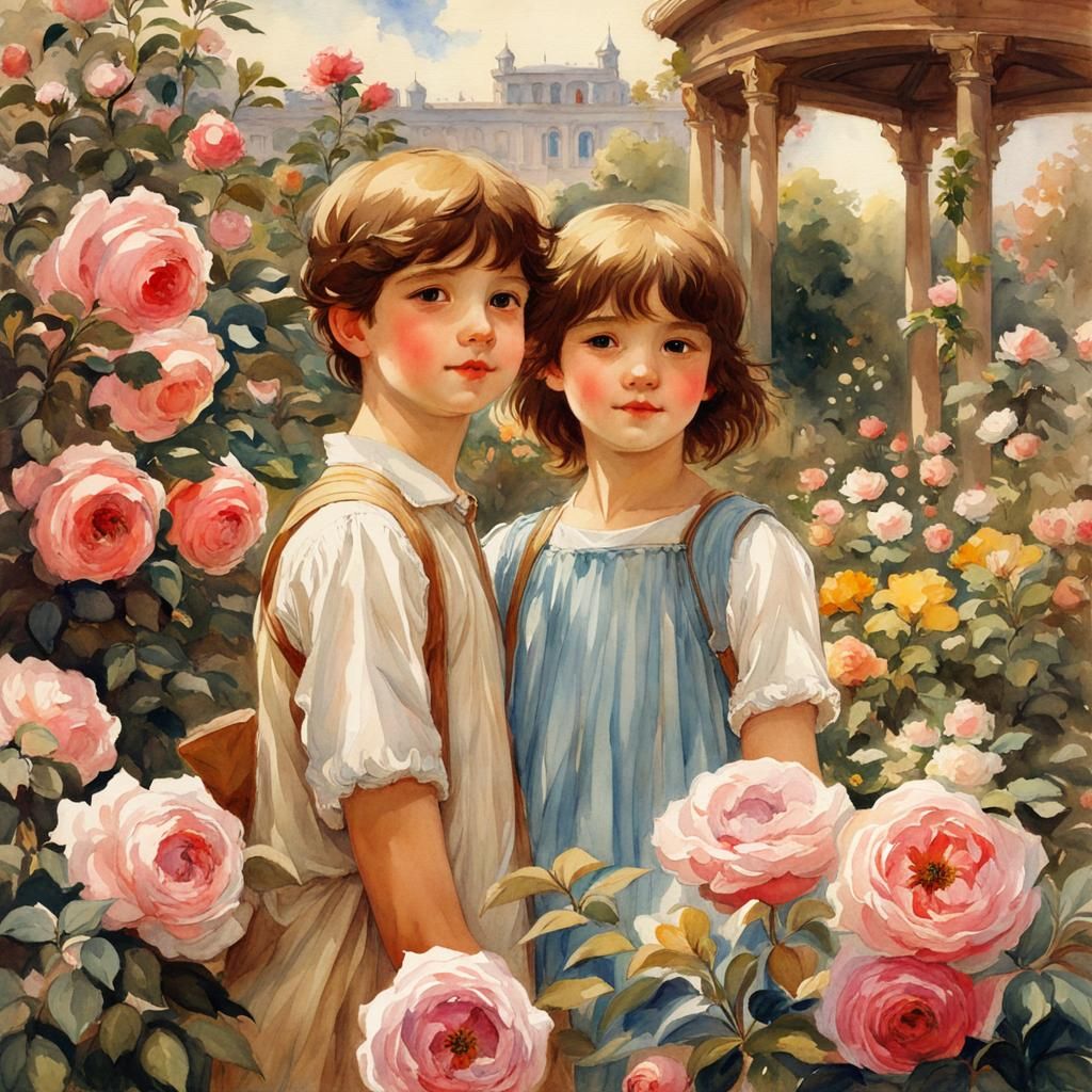 Cheerful Children in Rose Garden Watercolor Painting