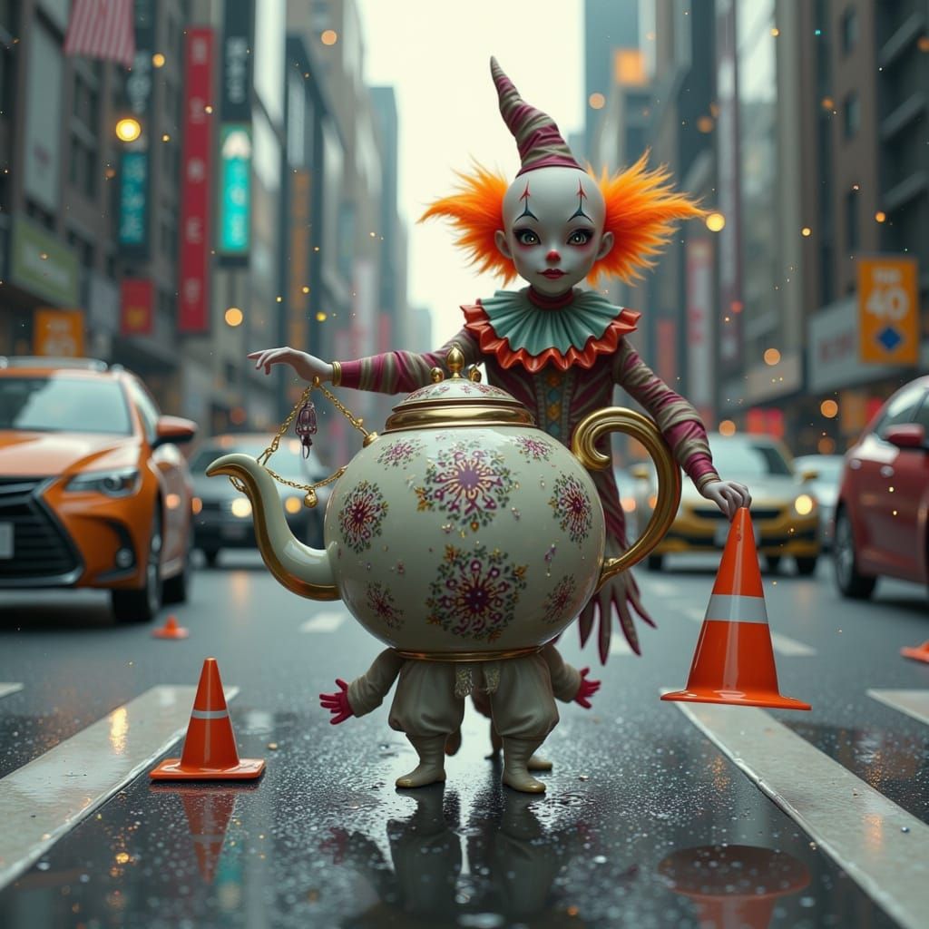 Teapot's Urban Nightmare: Clown Chase in Dark Whimsy Style