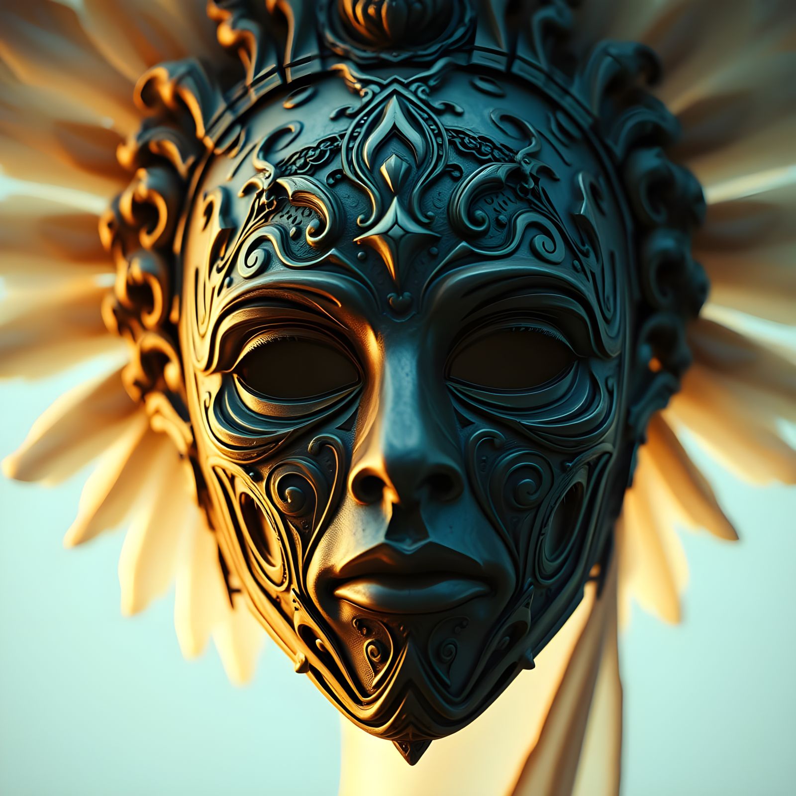 Hyper-Detailed Mask of the Angel: Cinematic Still
