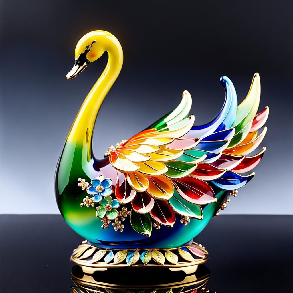 Enameled Glass Swan Figurine with Floral Decorations