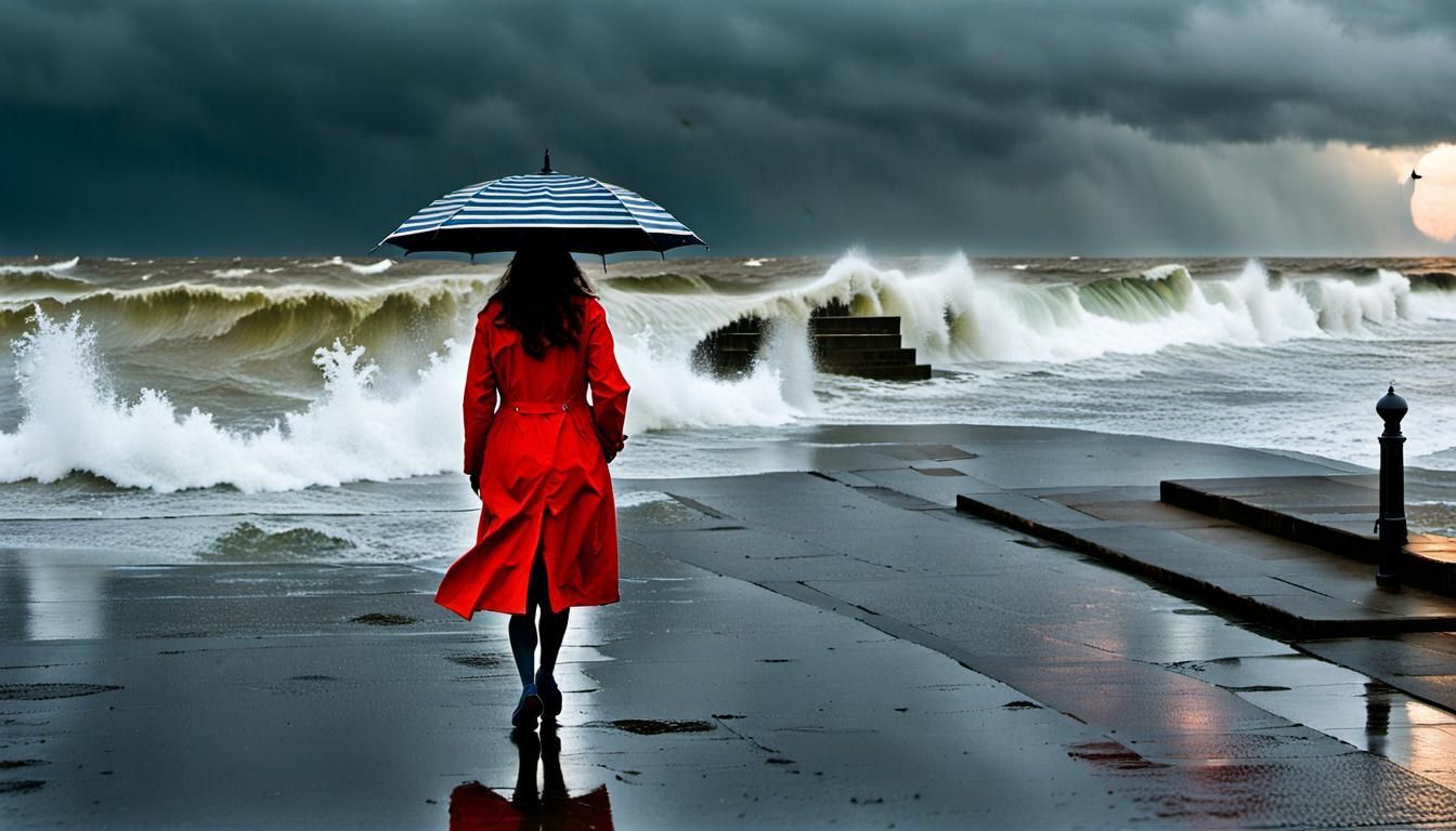 Girl in Red Raincoat on Seaside Promenade