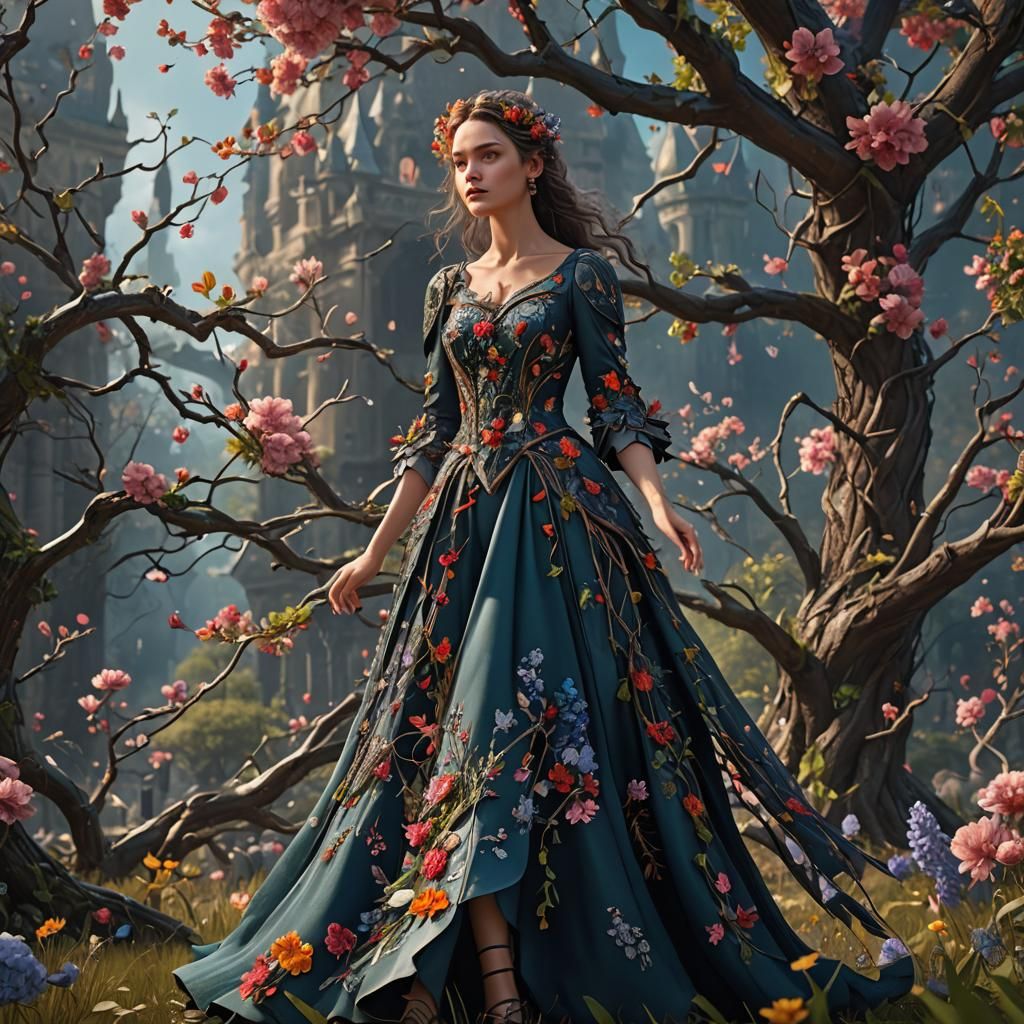 Fantastical Floral Gown: Detailed Matte Painting