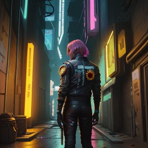 Sunflower in Cyberpunk Back Alley with Neon Lights