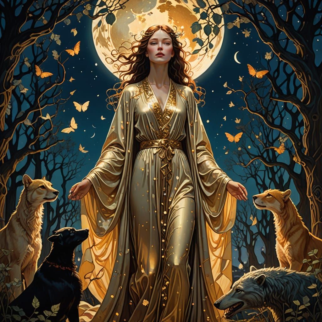 Femme mystique en robe fluide, entourée de créatures mythiqu...