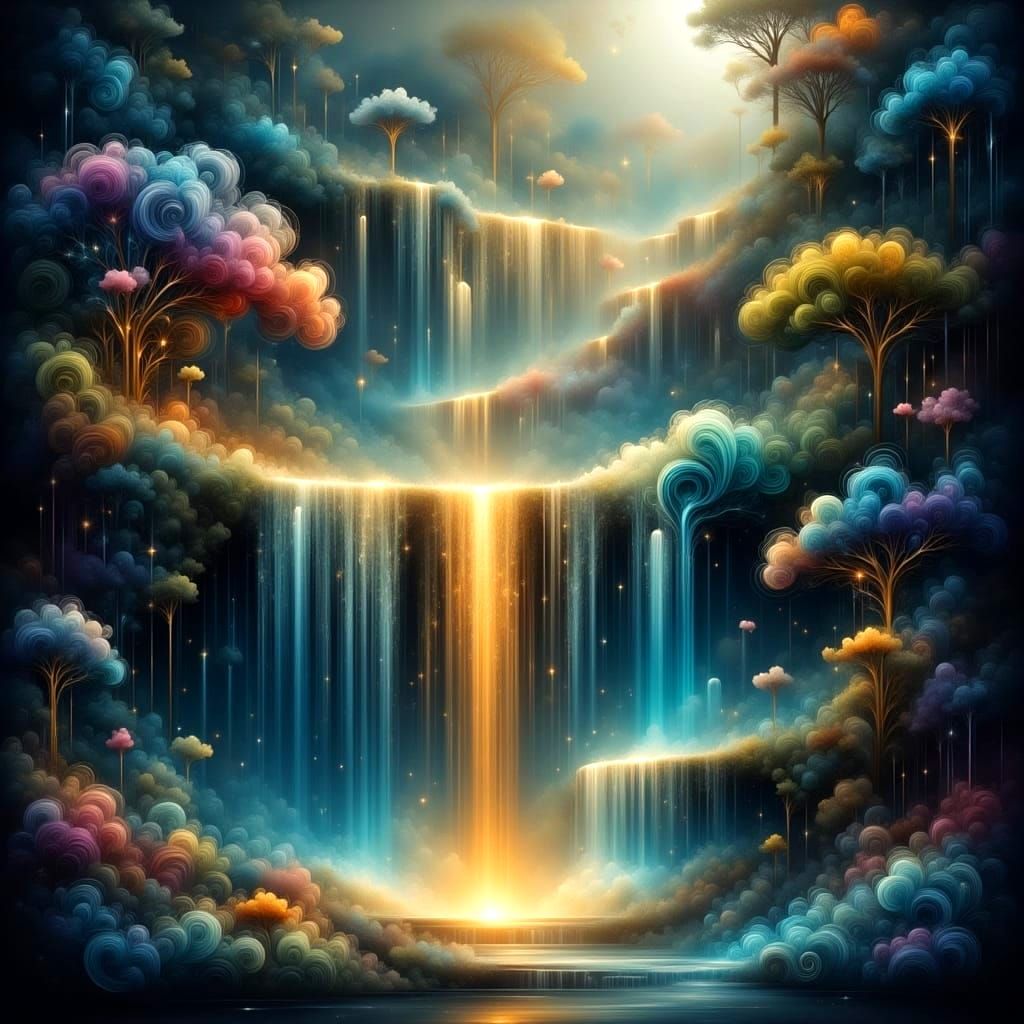 Ethereal Waterfall Energy Generation in Dreamlike Illuminati...