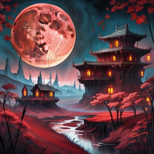 Disturbing Bloodmoon Landscape as Digital Watercolor Illustr...