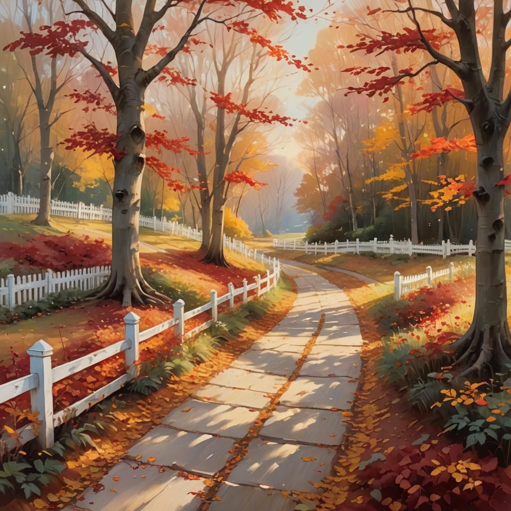 Autumn Path Landscape Painting with Golden Sunlight
