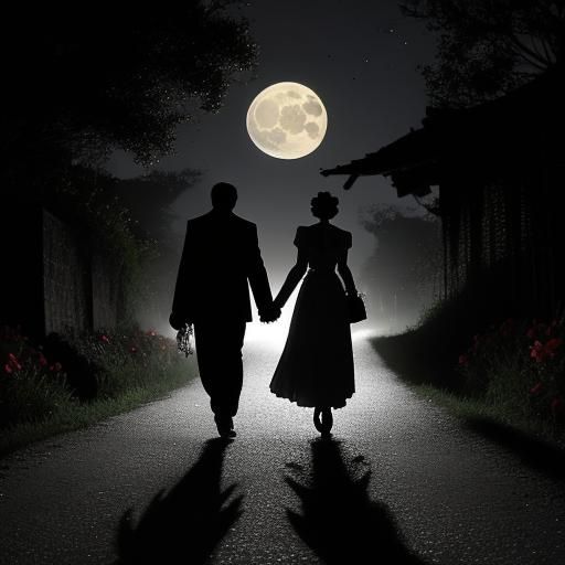Couple Walking Under Moonlit Village Road