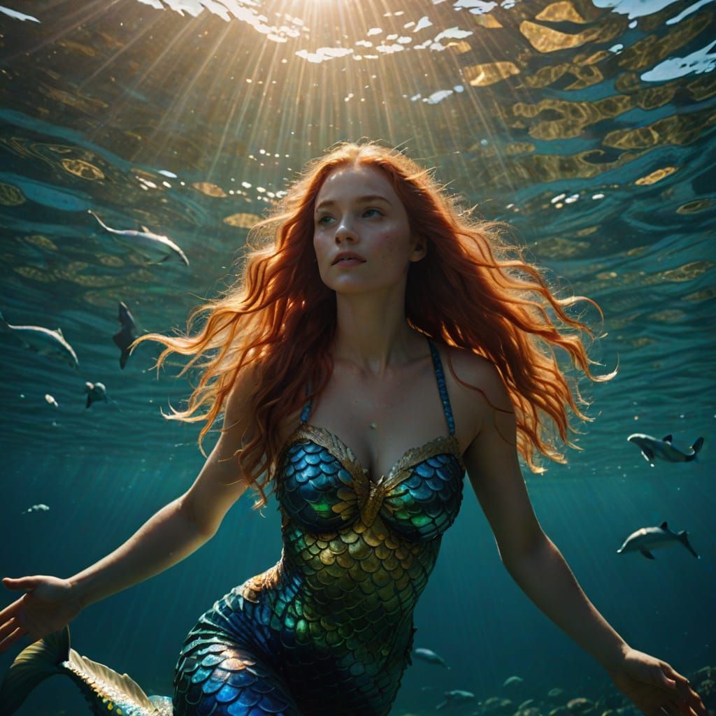Elegant Mermaid Shines in Sunlit Ocean Depths