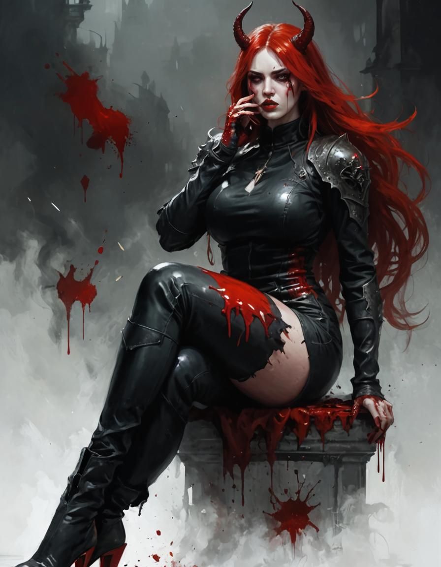 Provocative Devil Woman Near Church in Dark Fantasy Style