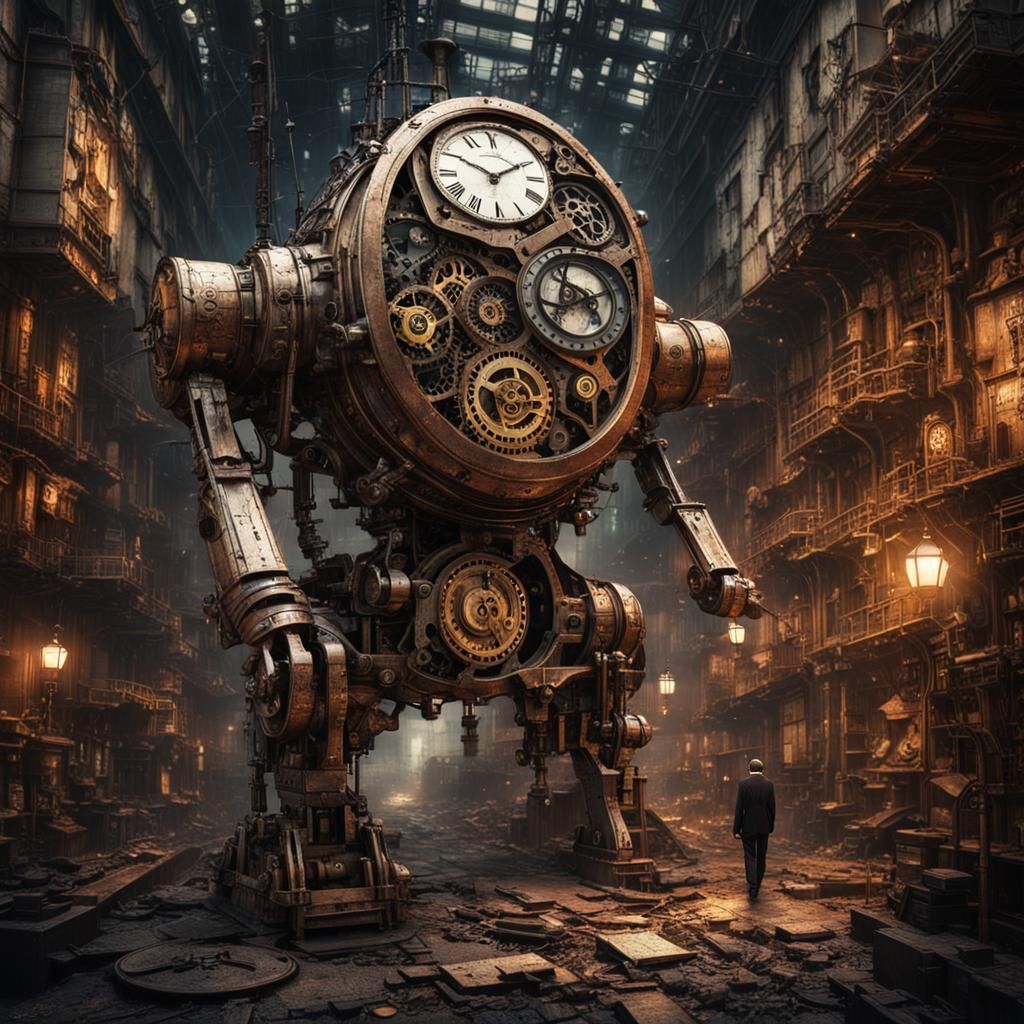 Clockwork Man in Decayed Steampunk City