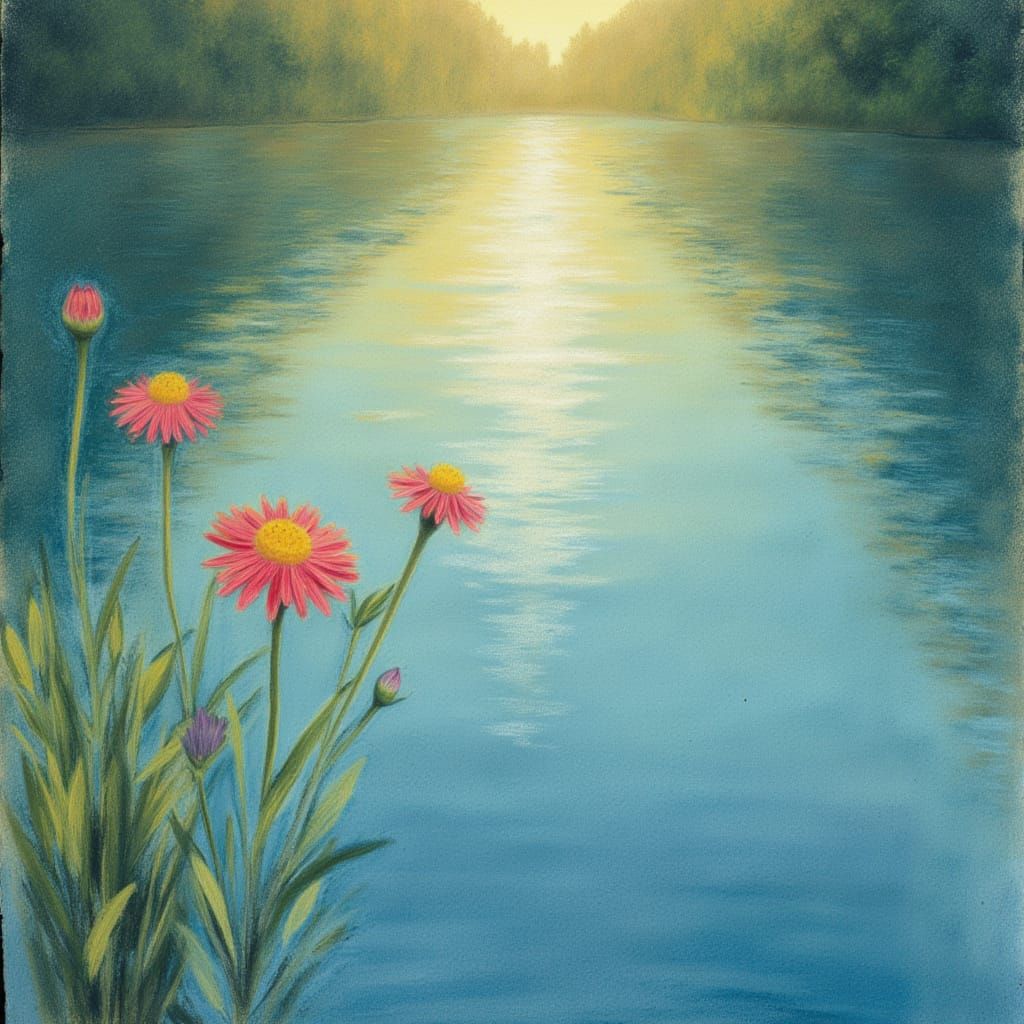 Delicate Red Flower Blooms by Tranquil River at Sunset