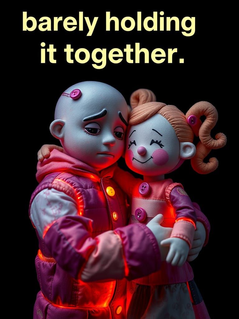 Sad Patchwork Figure Comforted by Giant Doll