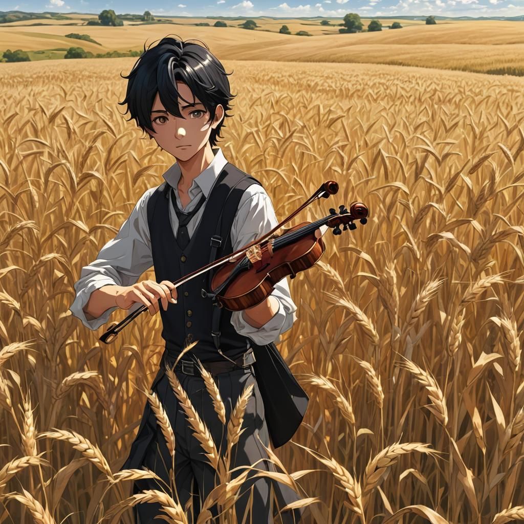 Boy Playing Violin in Kansas Wheat Fields