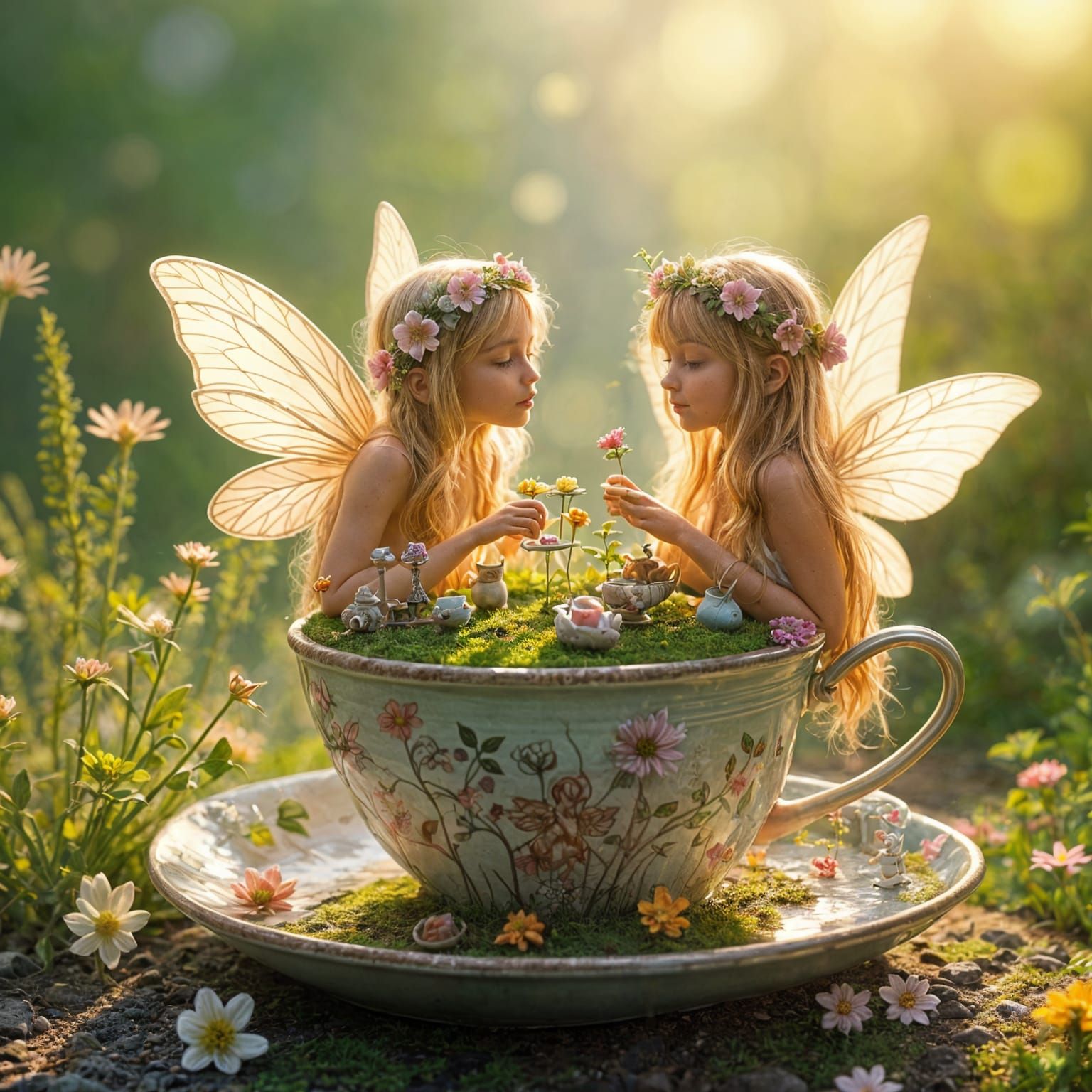 Whimsical Fairies Tending Teacup Garden