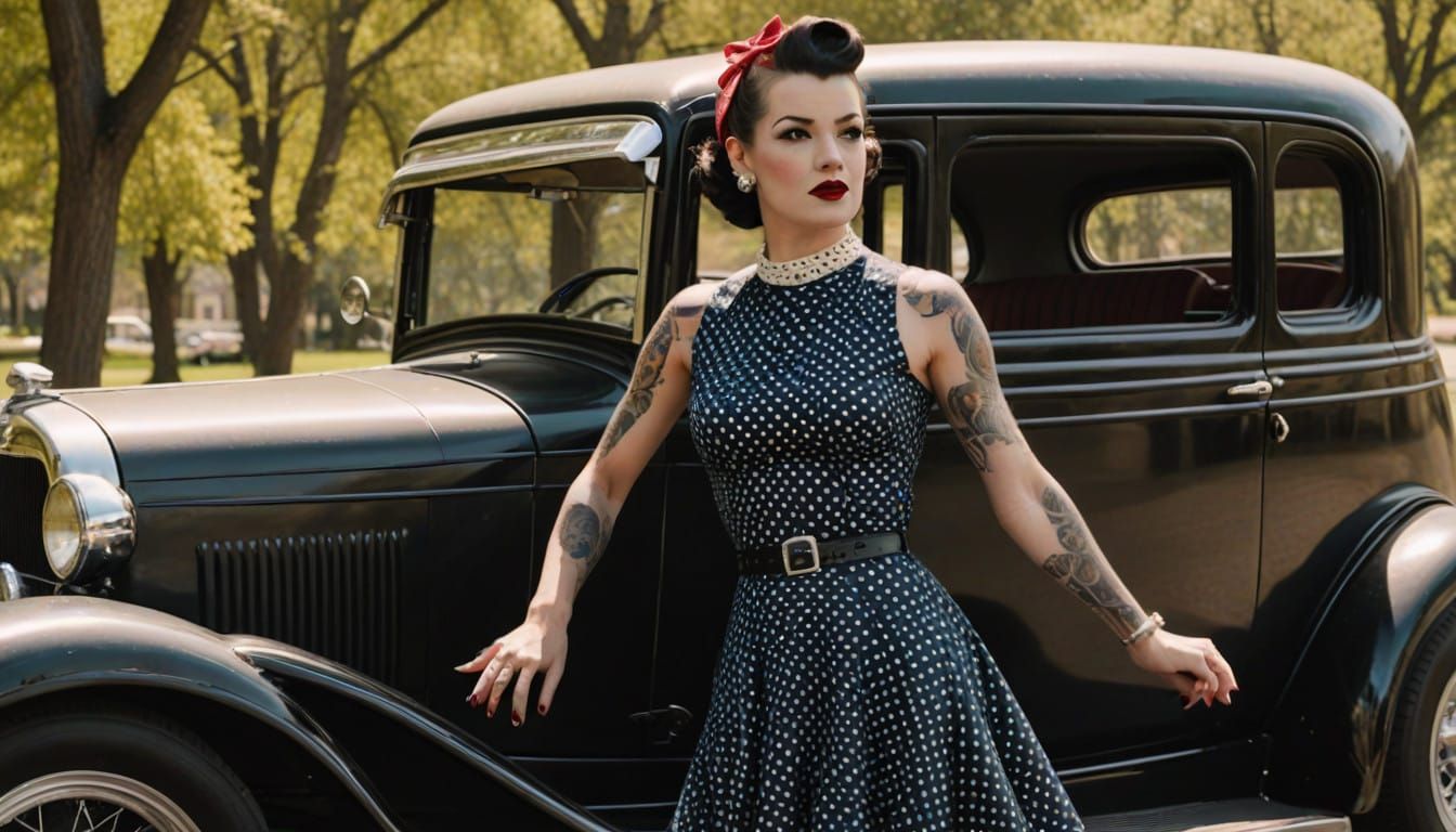 Rockabilly Pin Up Girl Leans Against Vintage Hot Rod