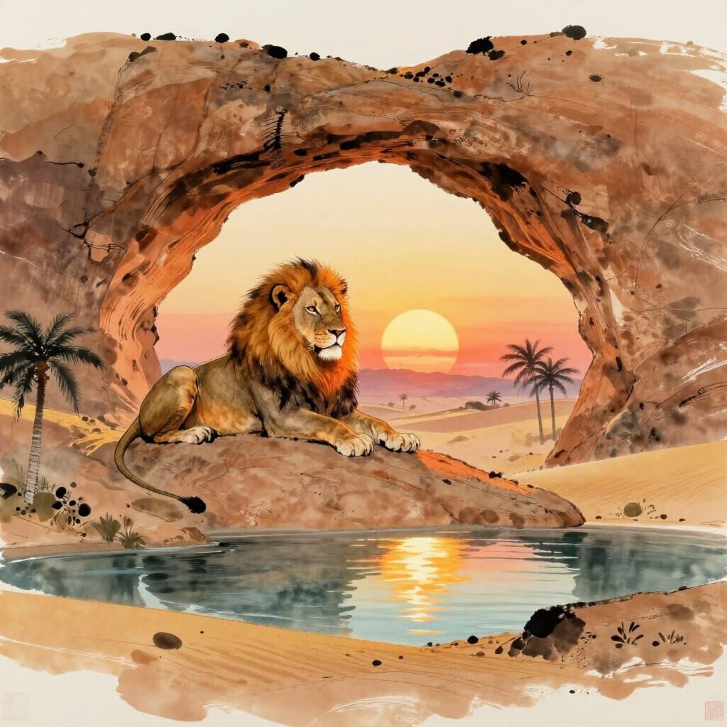 Majestic Lion on Sandstone Arch at Sunset