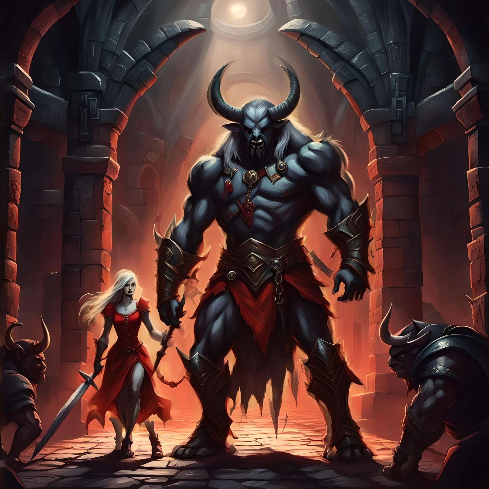 Drow Vampire and Minotaur in Dark Fantasy Style