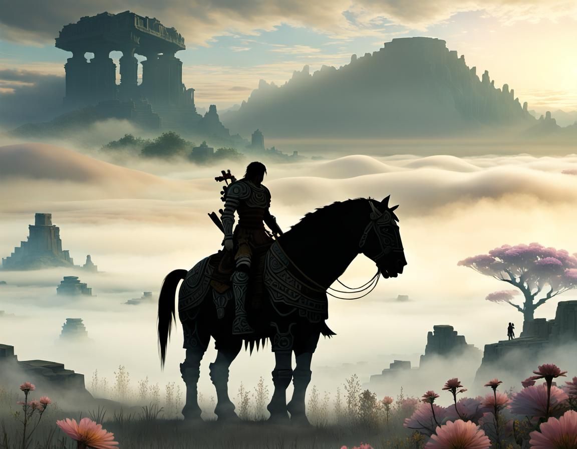 Majestic Titan in Dreamy Landscape at Golden Hour