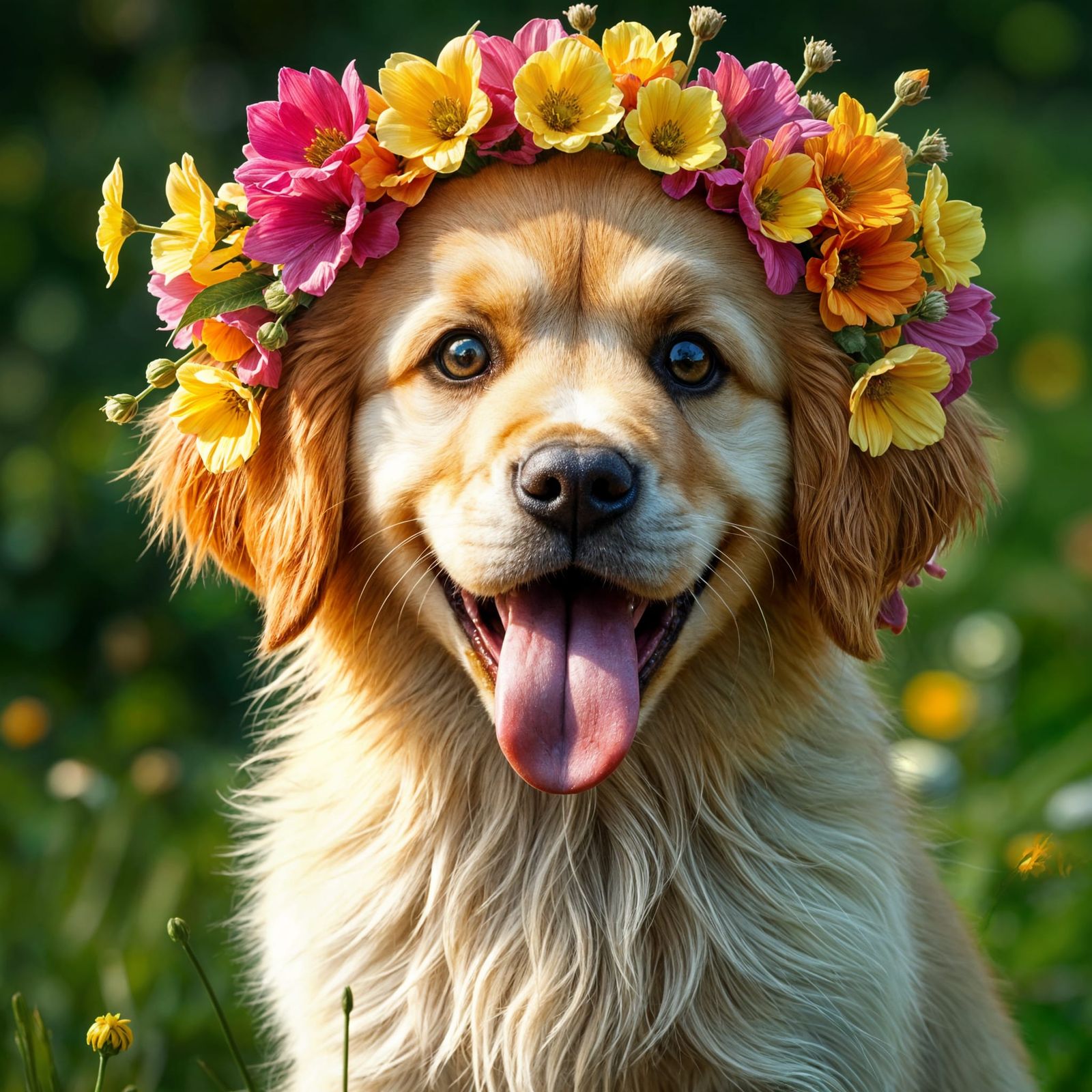 Happy Golden Retriever Puppy in Floral Crown