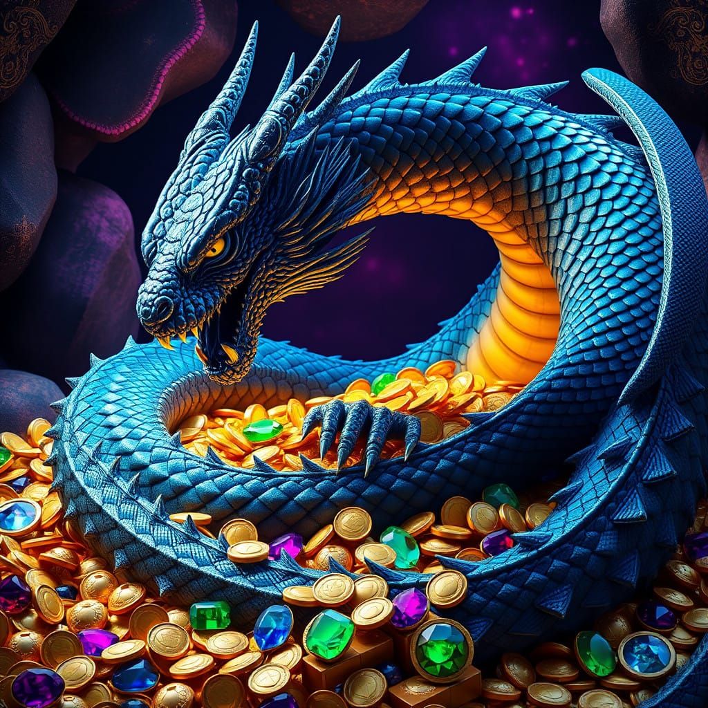Majestic Dragon Guards Iridescent Hoard of Gold and Jewels